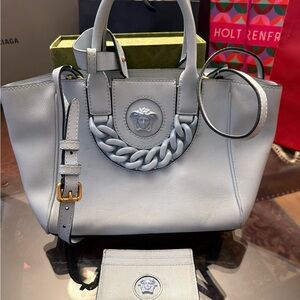 Versace Pale Blue Leather Tote Purse with Medusa Chain Detail